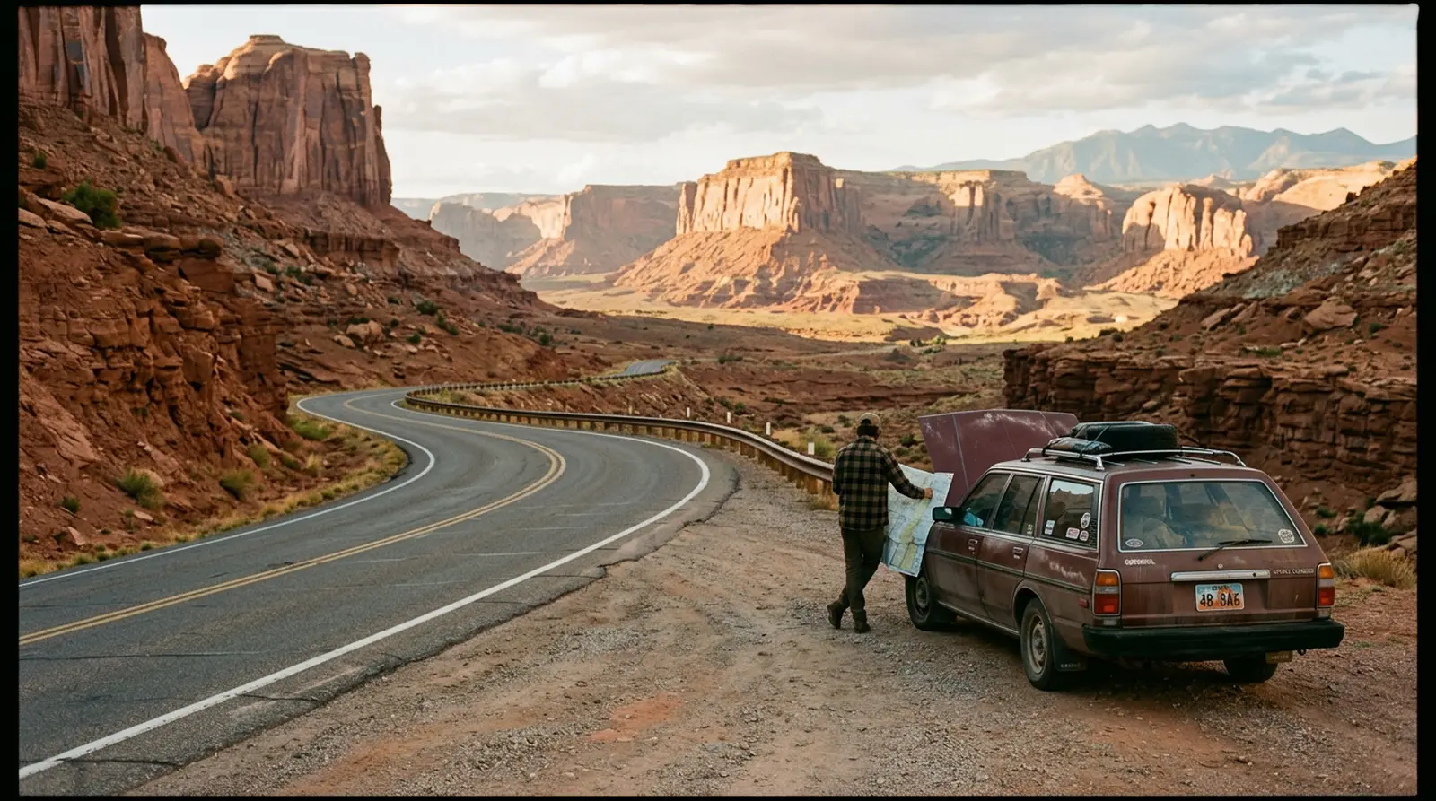 A station wagon pulled over at a red-rock overlook, a paper road map spread on the hood